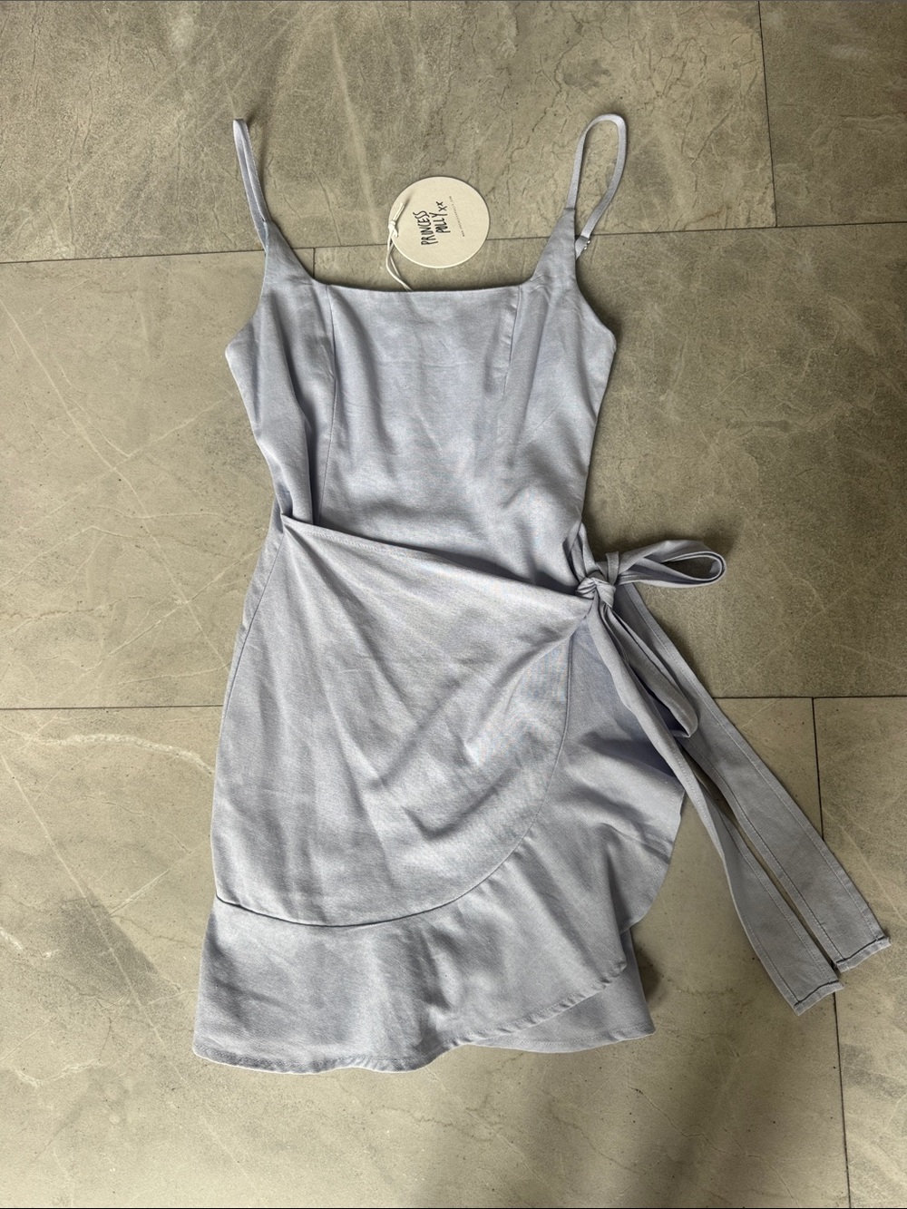 Princess Polly Light Blue Wrap Satin Slip Dress with Tie